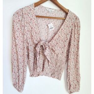 American‎ Eagle Womens M Smocked Blouse Tie Front Top Shirt Floral Boho Pink